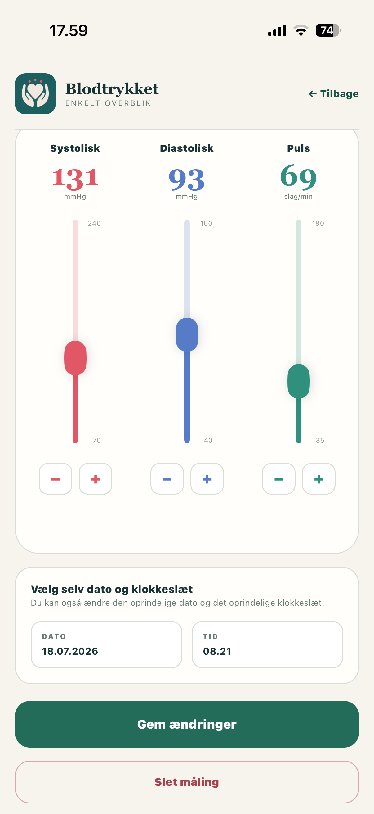 Redigering af en tidligere blodtryksmåling med mulighed for at gemme eller slette